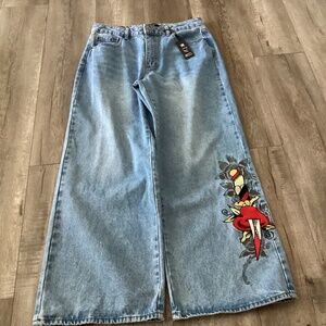 Ed Hardy Loose Fit Embroidery Floral Jeans, Size 32,  Multi Colors Retro Light